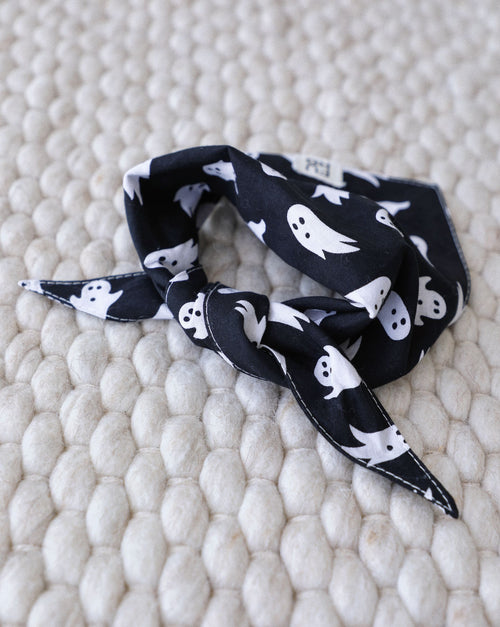 Lifestyle image of dog wearing Happy Haunts ghost bandana, festive Halloween accessory for costume-free fun