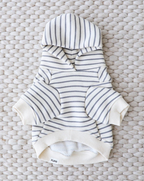 Grey striped dog hoodie, cozy and casual for small and medium dogs.