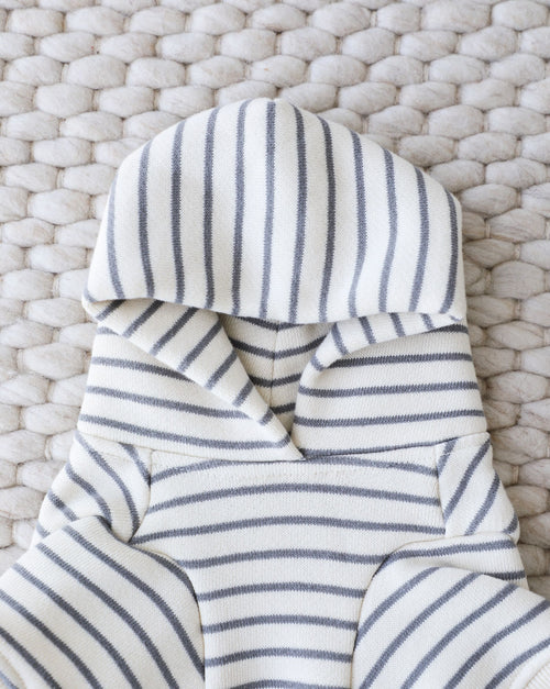 Cozy grey striped dog hoodie on small dog, ideal for chilly outdoor play.