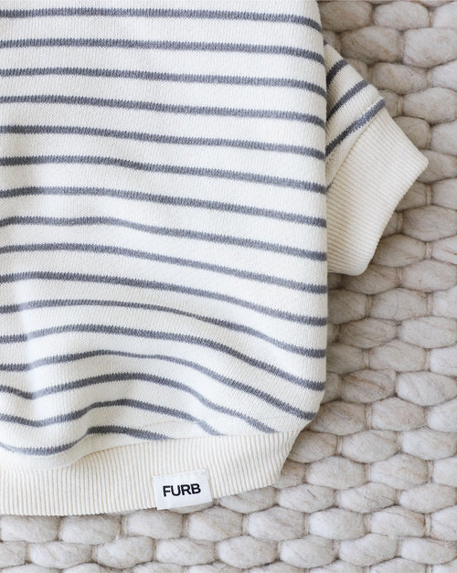 Soft grey stripe dog hoodie with easy-fit design for small dogs.