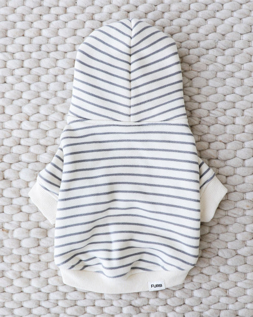 Close-up of grey striped dog hoodie, highlighting soft and comfy knit fabric.