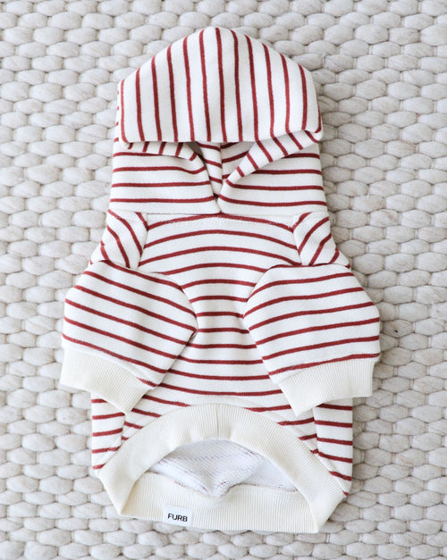 Vintage red stripe dog hoodie, soft knit perfect for fall layering.