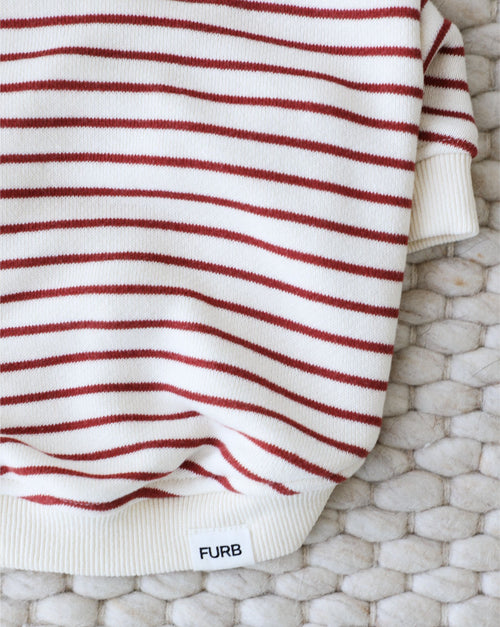 Soft and comfortable vintage red striped hoodie for small to medium dogs.