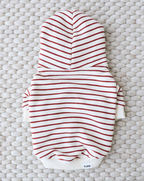 Close-up of vintage red striped dog hoodie, soft and comfortable knit.