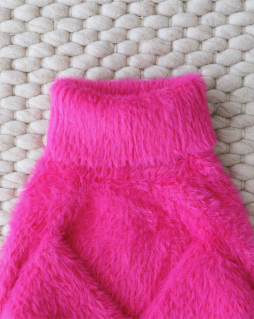 Stylish hot pink dog sweater with textured eyelash knit, soft and comfy.