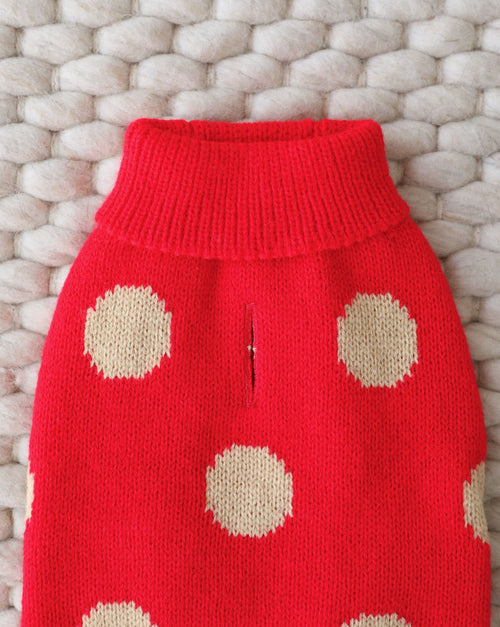 Cozy reversible knit dog sweater in red for winter festivities.