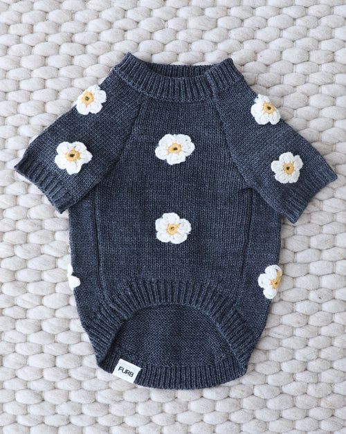 Front view of grey daisy dog sweater highlighting soft knit, comfortable fit, and stylish floral design