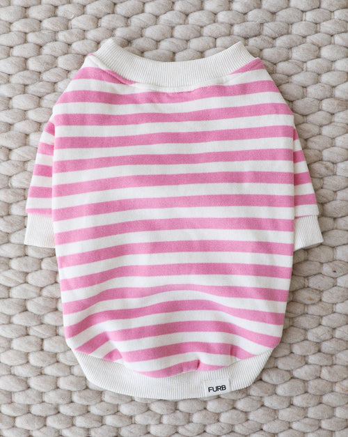 Pink and ivory striped dog sweatshirt, cozy and casual for everyday wear.