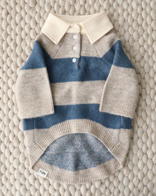 Prep School Pup Blue + Grey Striped Rugby Sweater