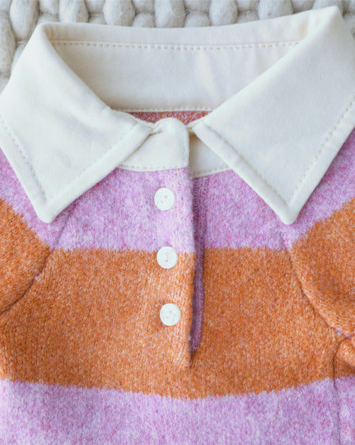 Soft knit rugby sweater for dogs featuring cheerful pink stripes, perfect for cozy outings, great for shih tzus, poodles, and pugs