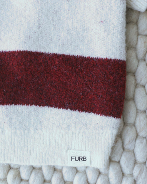 Preppy everyday dog sweater with burgundy striping, easy to style for walks or lounging, ideal for beagles and mixed breeds