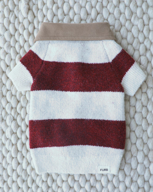 Classic striped dog sweater in rich burgundy tones, perfect for casual wear, loved by corgis, dachshunds, and pugs