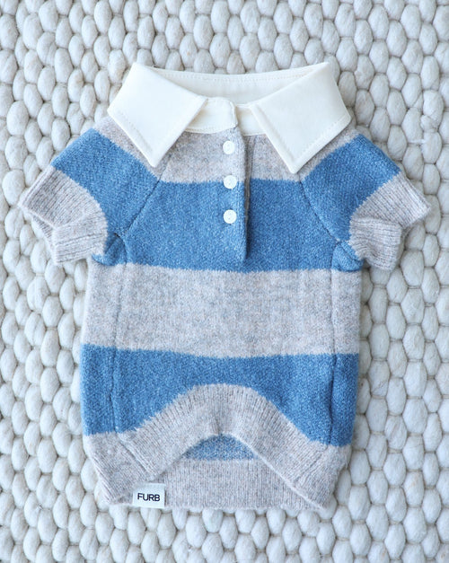 Classic blue and grey striped rugby sweater for dogs, perfect for everyday wear and cozy walks, great for French bulldogs, pugs, and Boston terriers