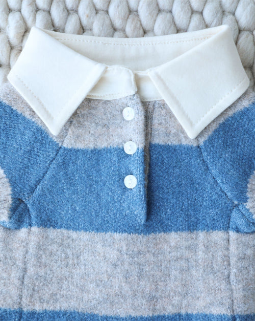 Preppy striped dog sweater with a timeless rugby look, ideal for casual outings and layering, loved by dachshunds, corgis, and Frenchies