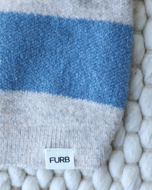 Soft knit dog sweater with classic rugby stripes, designed for comfort and style, a great fit for pugs, cavalier spaniels, and shih tzus