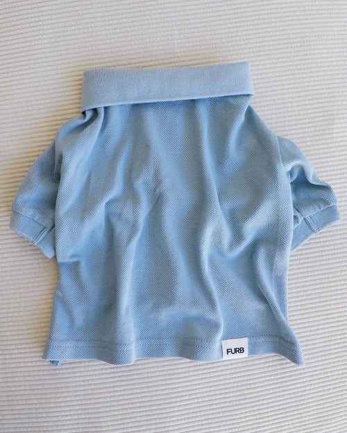 Back of baby blue dog polo on ivory corduroy background for poodles