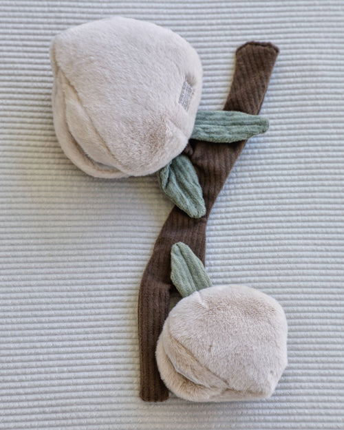 Peachy Keen Plush Dog Toy, sweet peach dog toy with treat pockets on a corduroy branch for hours of fun.