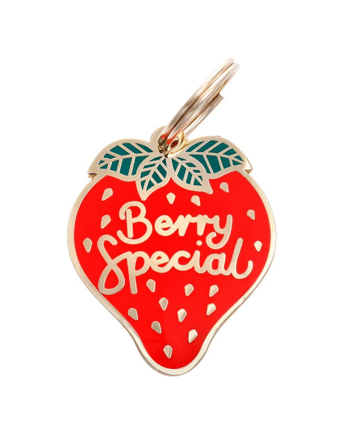 Berry Special strawberry dog collar charm made of gold plated brass with red enamel cute fruit pet accessory