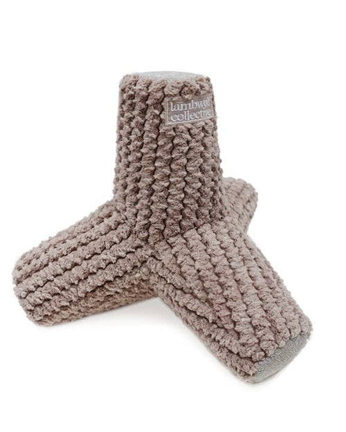 Neutral-tone crinkle dog toy in taupe – soft, squeaky, and perfect for gentle chewers