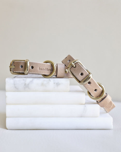 Two taupe leather dog collars with gold hardware on top of marble bookend