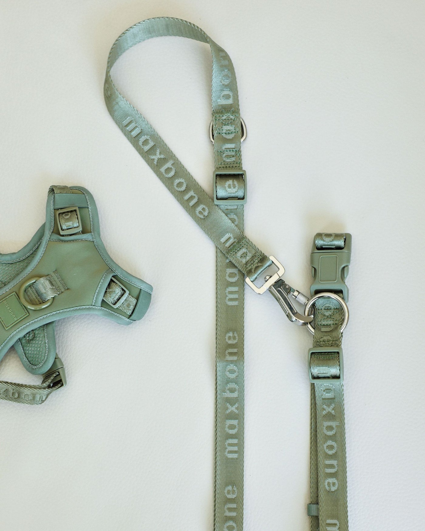 flat shot of sage green super soft nylon harness by maxbone with coordinating sage green leash next to it