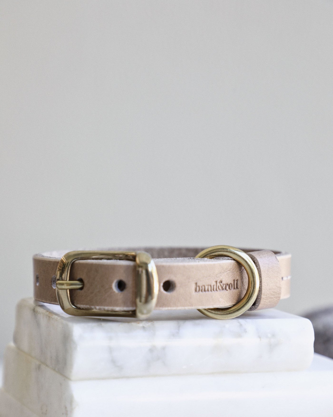 taupe leather dog collar with gold hardware on top of marble bookend 