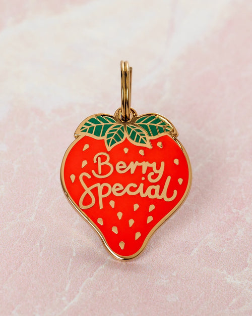 Berry Special strawberry dog collar charm made of gold plated brass with red enamel cute fruit pet accessory