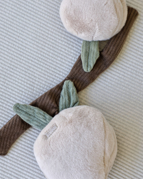 Peachy Keen Plush Dog Toy with two peaches, perfect for interactive play and tasty treats.