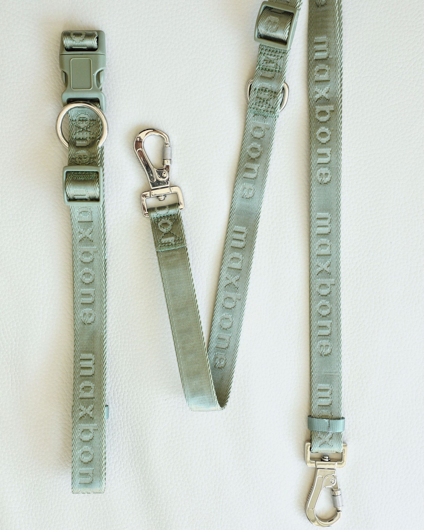 sage green nylon dog leash by maxbone with silver metal hardware and coordinate sage green plastic buckle