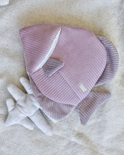 purple and pink corduroy fish dog toy with removable plush fish skeleton