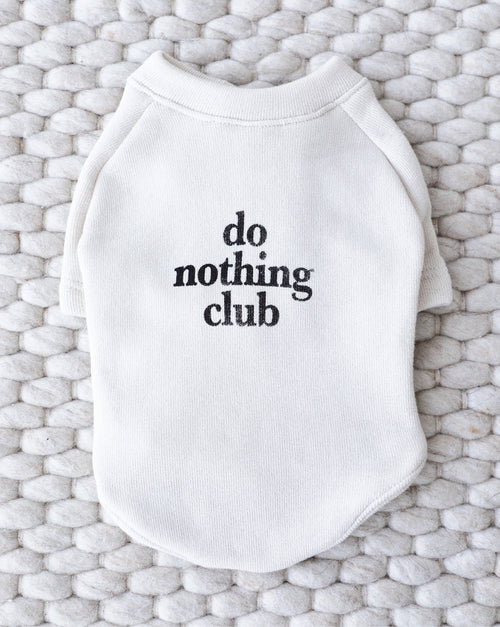 Grey “Do Nothing Club” dog sweatshirt, soft knit for relaxed, cozy pups.