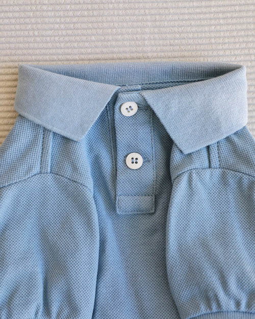 detailed photo of collar and button placard on baby blue dog polo for small dogs