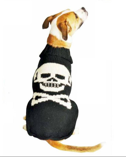 Grey dog sweater featuring fun skeleton graphic, cozy and comfortable fit.