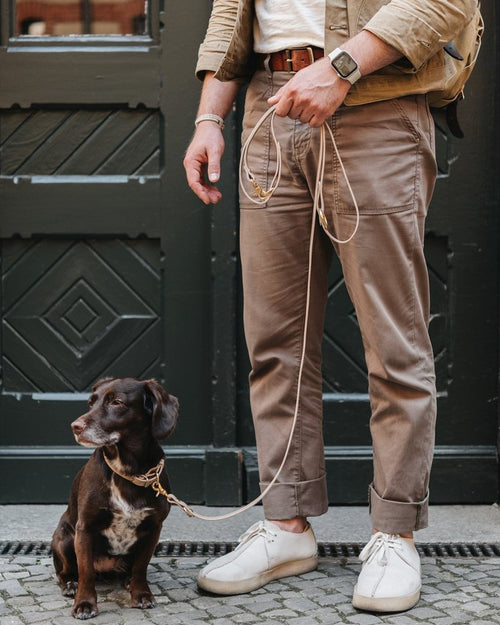 Taupe leather crossbody dog leash hanging off hat on chair
