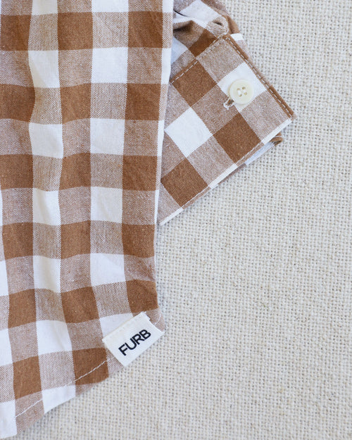 Nutmeg brown gingham dog shirt, a great choice for everyday wear for small dogs.