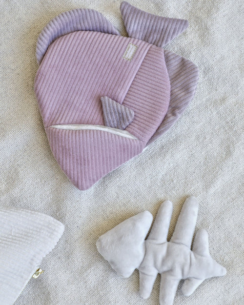 purple and pink corduroy fish dog toy with removable plush fish skeleton