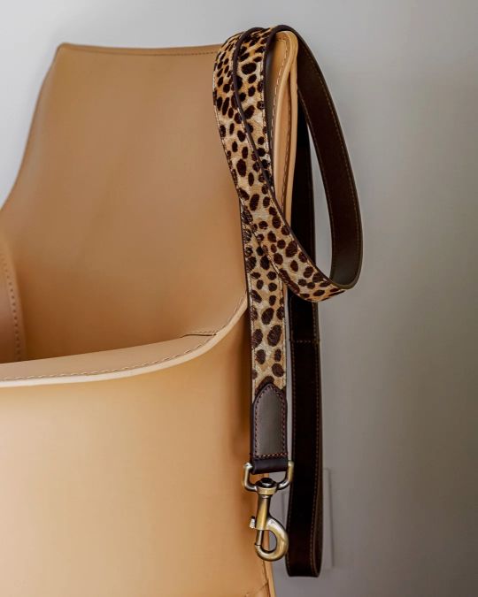 Functional brown spotted leash and waste bag set for easy cleanup on walks, designed for small and medium breeds.
