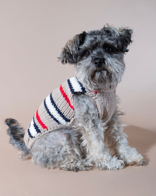 Cozy tan striped alpaca dog sweater for chilly days.