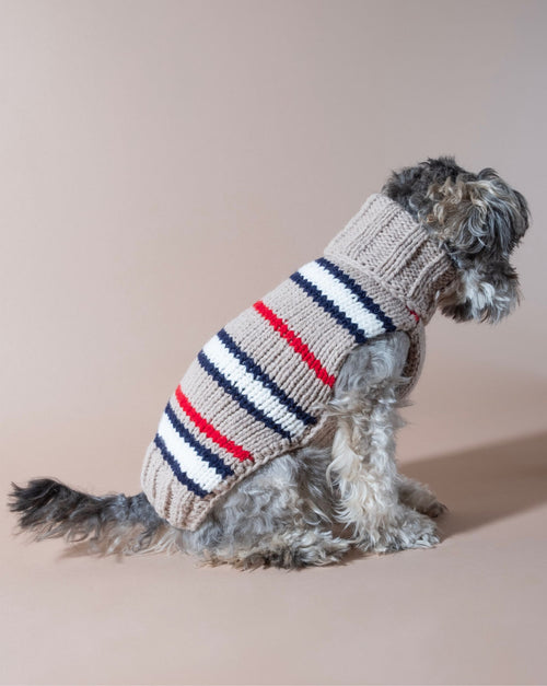 Tan striped alpaca dog sweater, ideal for winter weather.