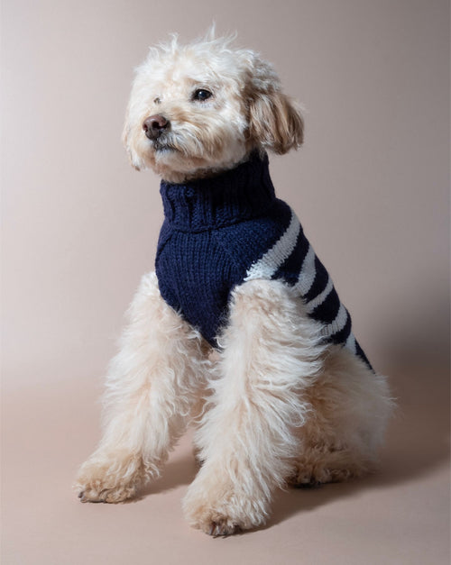 Navy and white striped dog sweater, perfect for small dogs.
