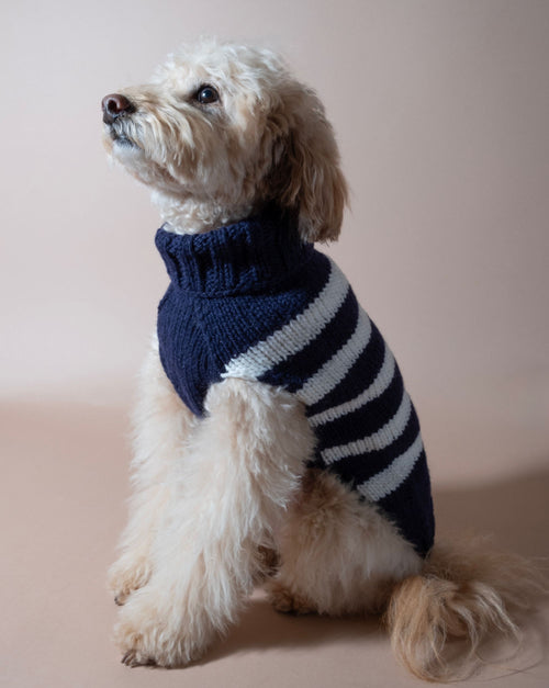 Trendy navy and white striped dog sweater for stylish pups.