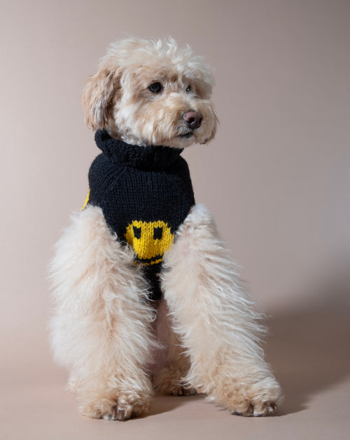 Cute black smiley face dog sweater, a fun and cozy choice for your pup.