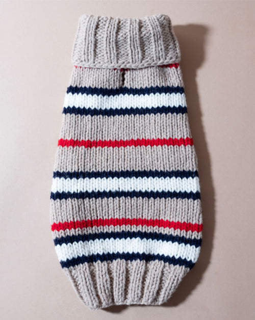 Soft tan striped alpaca dog sweater, perfect for cooler months.