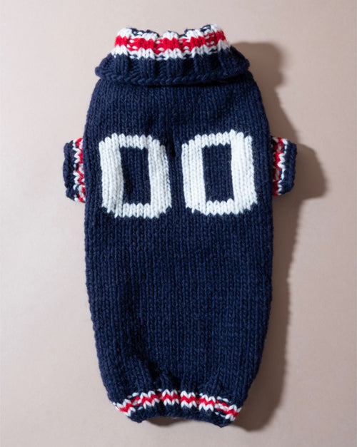 Classic navy varsity sweater, perfect for your small dog.