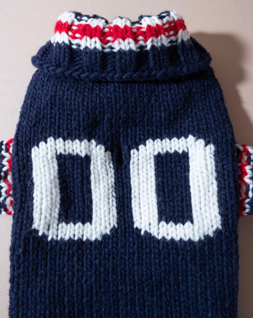 Stylish navy varsity sweater for dogs of all sizes, perfect for chilly days.