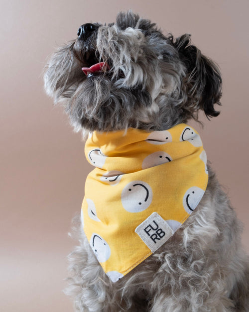 Bright yellow smiley face bandana for dogs, ideal for spreading joy wherever you go.
