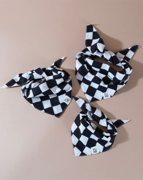 Trendy black checkered bandana for dogs, great for any occasion.