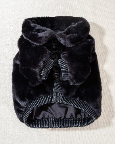 silky soft black faux fur and buttery ribbed leather accents. Matte, soft-feel snap buttons line the leather placket, leading to an oversized fur collar that wraps your fur babe in a warm hug. 