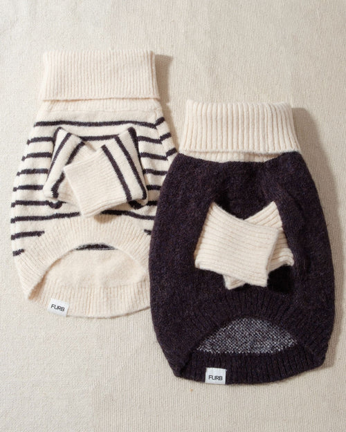 a striped dream, with a comfy ivory knit body covered in thin black stripes, and perfect ribbed ivory turtleneck with coordinating sleeves. The long turtleneck folds over as a toasty touch, and sleeves can be cuffed for a more casual vibe poodle clothing dogs