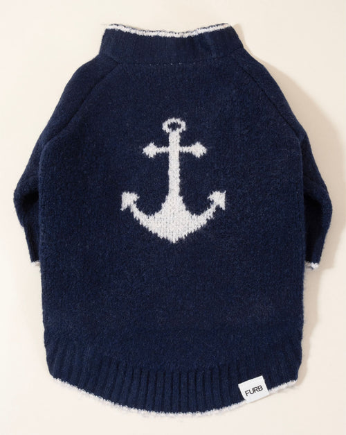 Navy blue dog sweater with anchor design, perfect for nautical themed outfits